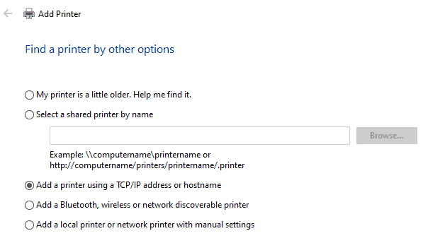 Add a printer TCP/IP address or a hostname