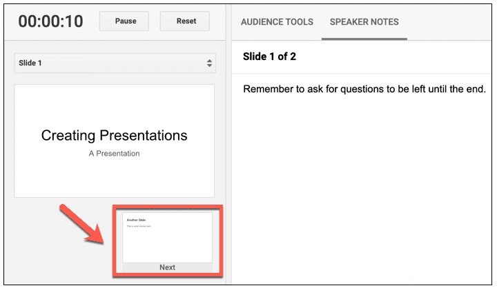 Next slide in Google slides with notes