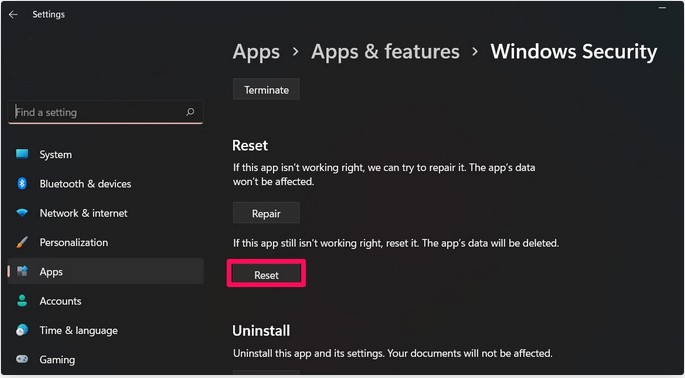 Reset Windows Security App