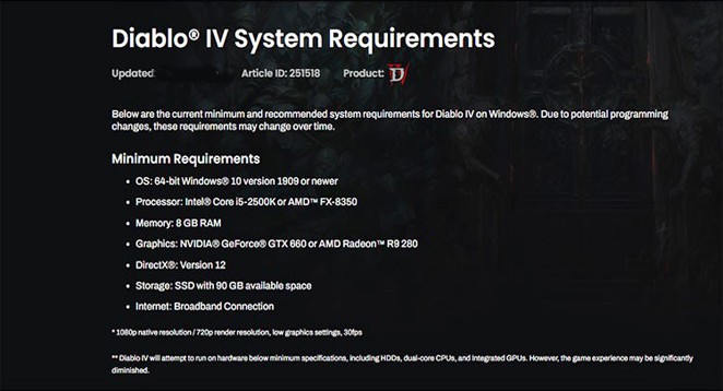 Diablo 4 Minimum system requirements